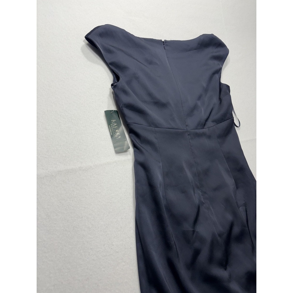 Lauren Ralph Lauren Evening Dress Womens 8 Blue Ruched Satin Sheath Knee Length - Picture 10 of 11